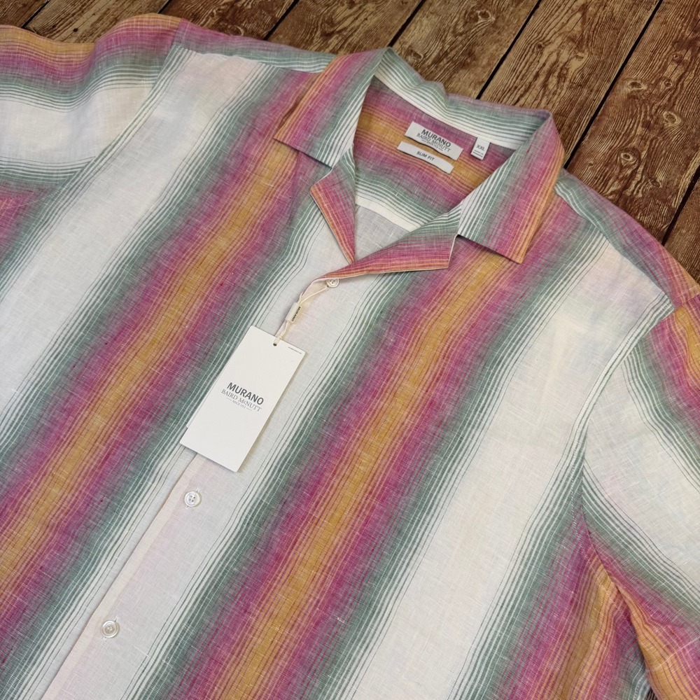 Murano Baird McNutt Camp Shirt Mens XXL Multicolor Striped Linen Slim Fit NWT